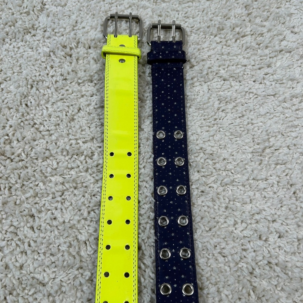 Unbranded Grommet Belts S/M Neon Yellow Navy Blue Star Print Double Prong Set